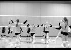 The Tigers celebrate an ace serve against the Thunder on the road last week. The win at LPGE gave the Tigers the Prairie Conference Championship.
